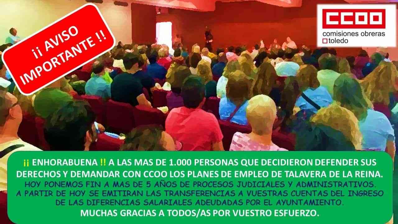 CCOO-Toledo ingresa su dinero a más de mil trabajadores de los Planes de Empleo de Talavera víctimas del fraude del PP