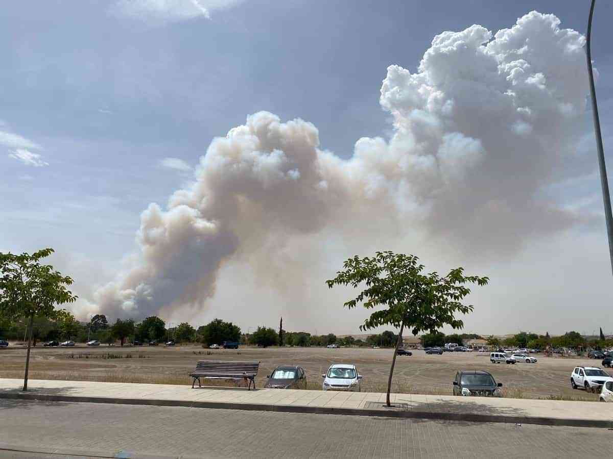 Nueve medios y 32 personas trabajan en extinguir un fuego en la Finca Zurraquín en Toledo