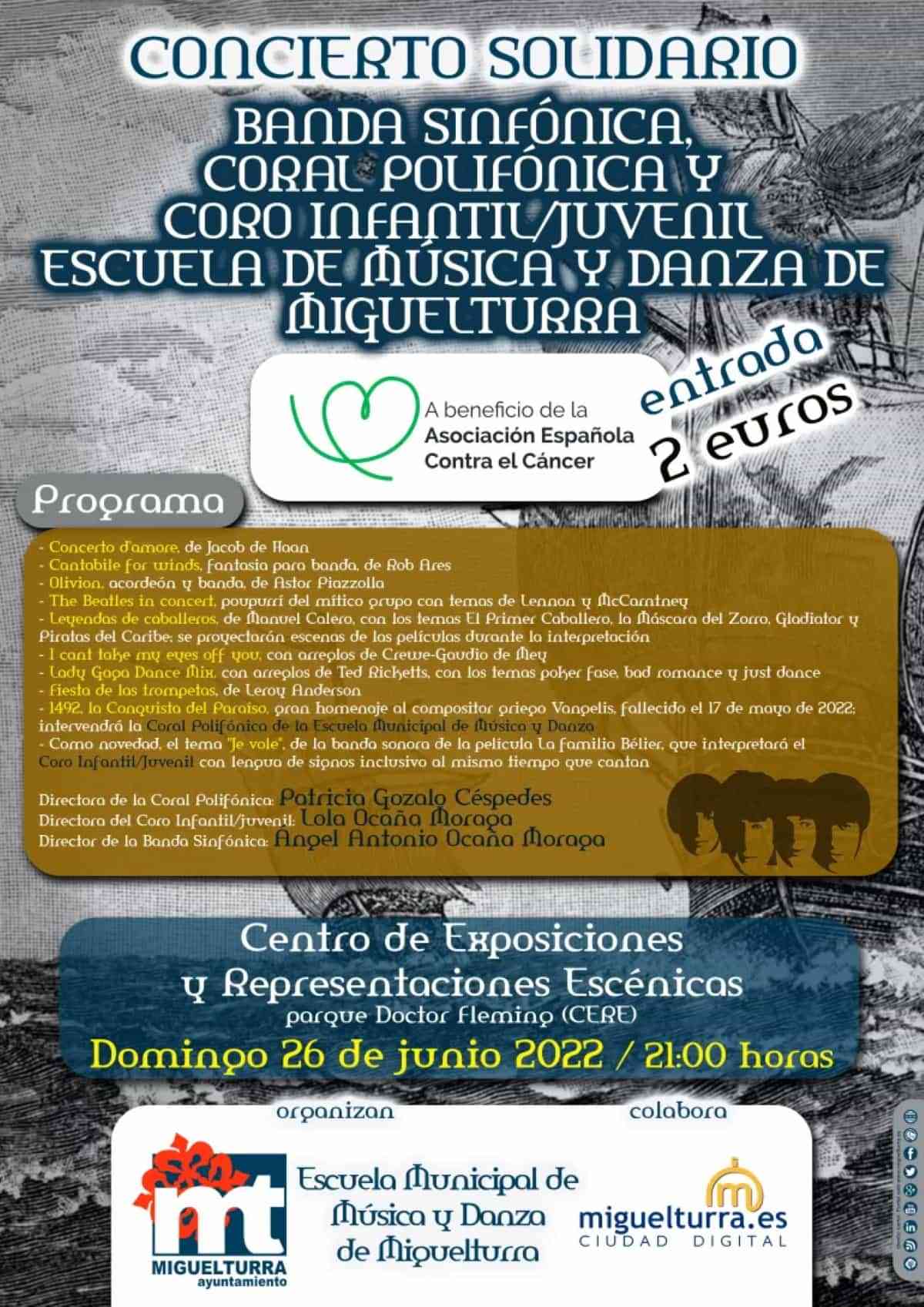 Concierto Solidario de la Escuela Municipal de Música y Danza de Miguelturra el  26 de junio en beneficio de la AECC