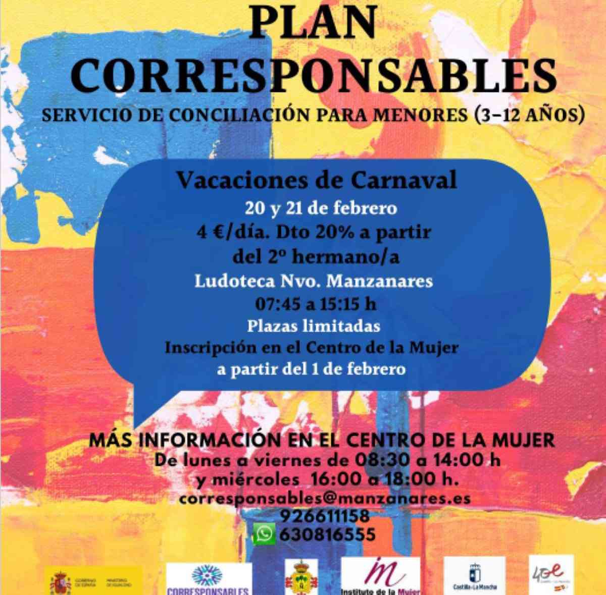 Plan Corresponsables servicio de conciliación para menores (3-12 años) durante el Carnaval 2023 de Manzanares