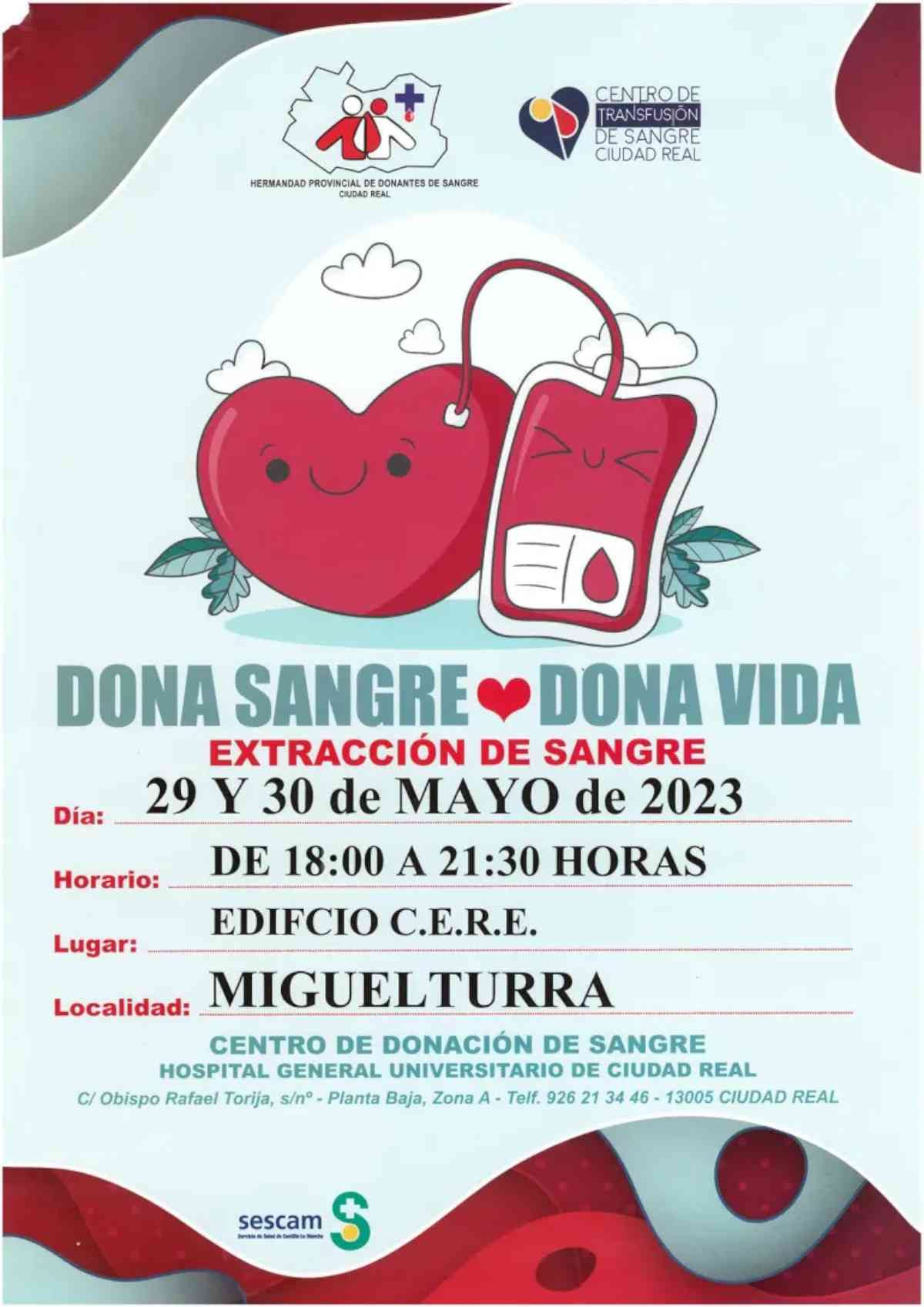 Colabora donando sangre hoy, 30 de mayo de 2023, en el CERE de Miguelturra de 18:00 a 21:30 horas