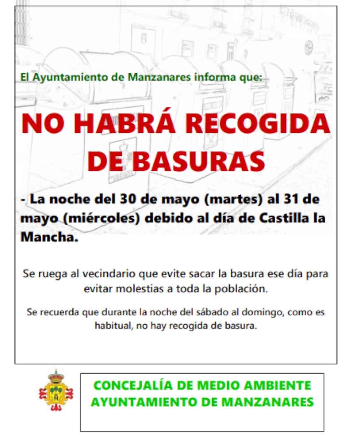 La recolección de basura en Manzanares no se realizará la noche del 30 al 31 de mayo por el Día de Castilla-La Mancha.