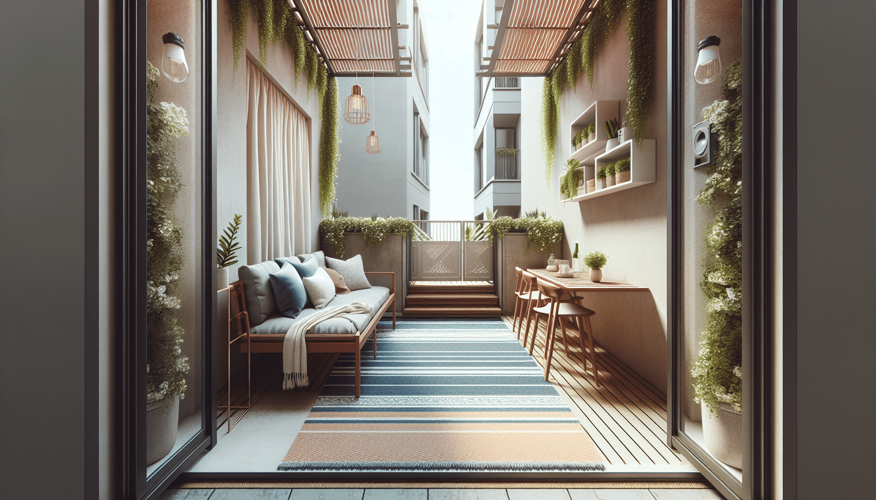 Balcón Estrecho Renueva su Estilo con Alfombra de Exterior y Mobiliario Personalizado