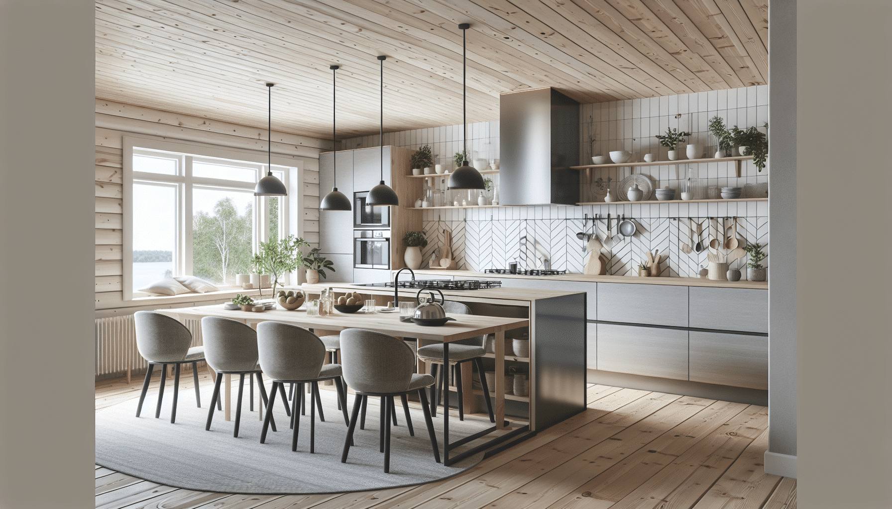 Elegancia Escandinava: Cocina Nórdica con Península y Mesa de Comedor Anexa