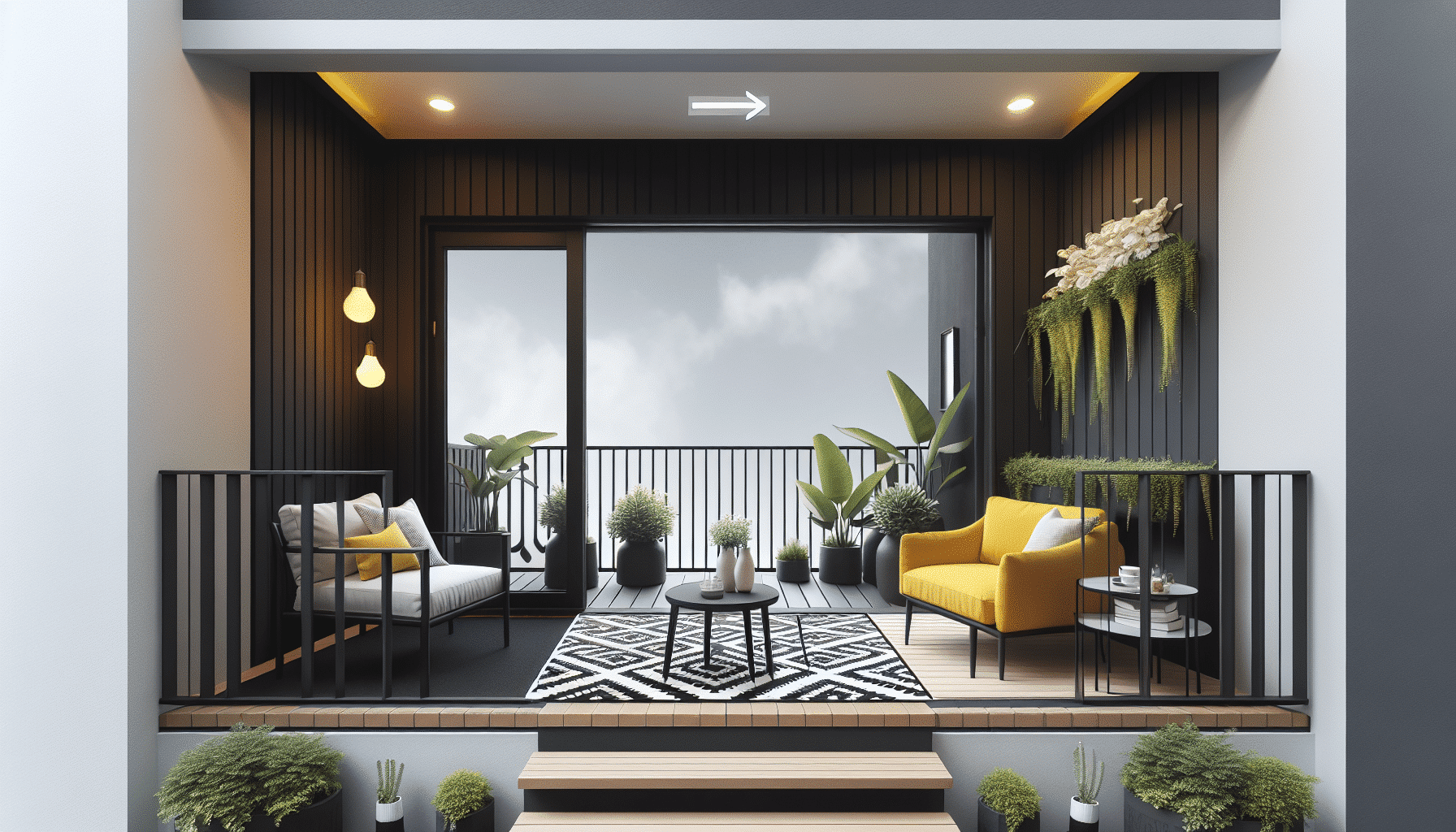 Renovación Impactante: Balcón Pequeño Resplandece con Alfombra Blanco y Negro y Muebles Amarillos