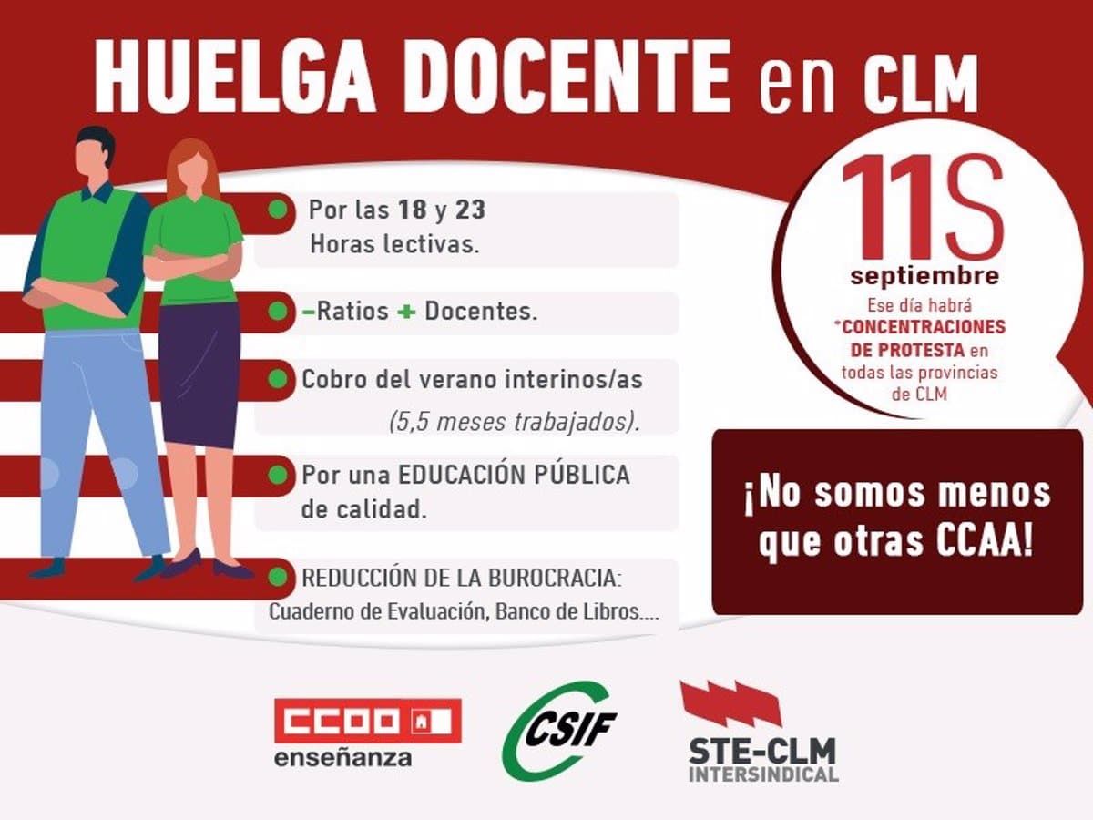 Ste-clm, CSIF y CCOO organizan una huelga en el sector educativo para el 11 de septiembre, coincidiendo con el inicio del nuevo curso escolar.