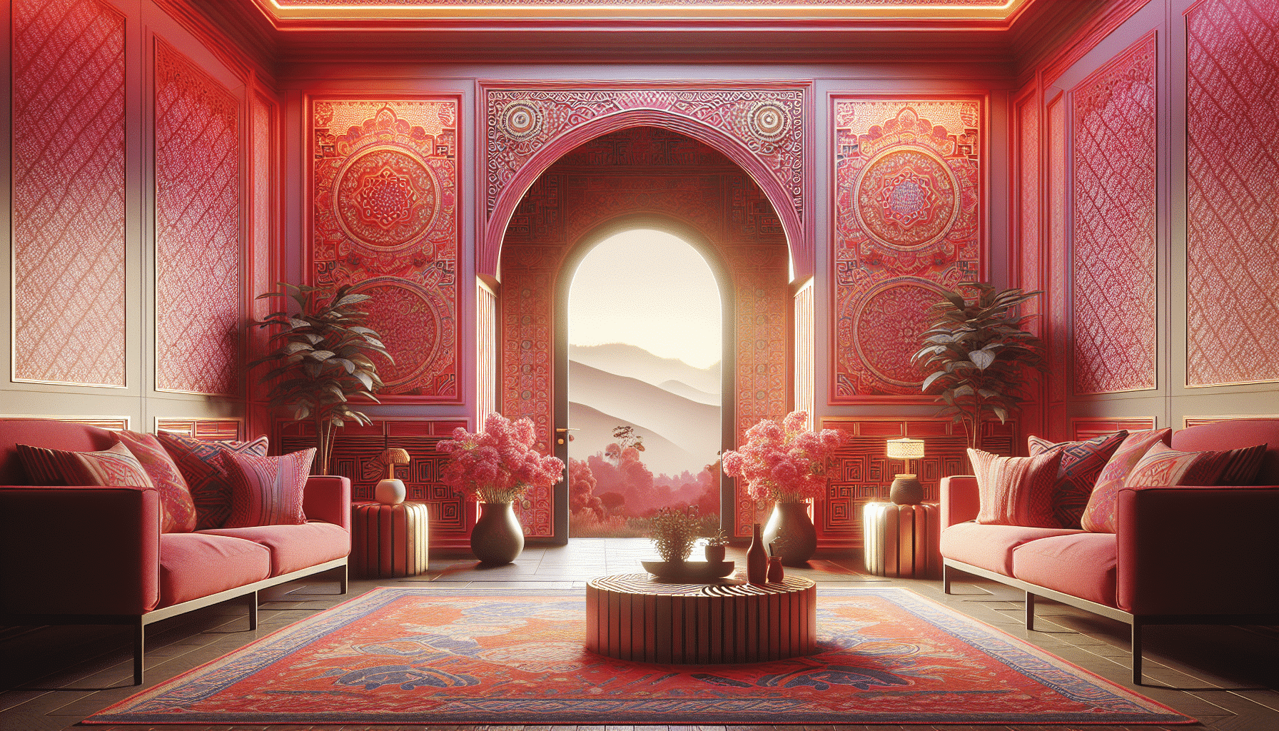 Encanto Escarlata: Interior en Rojos y Rosas con Papel Pintado Cautivador