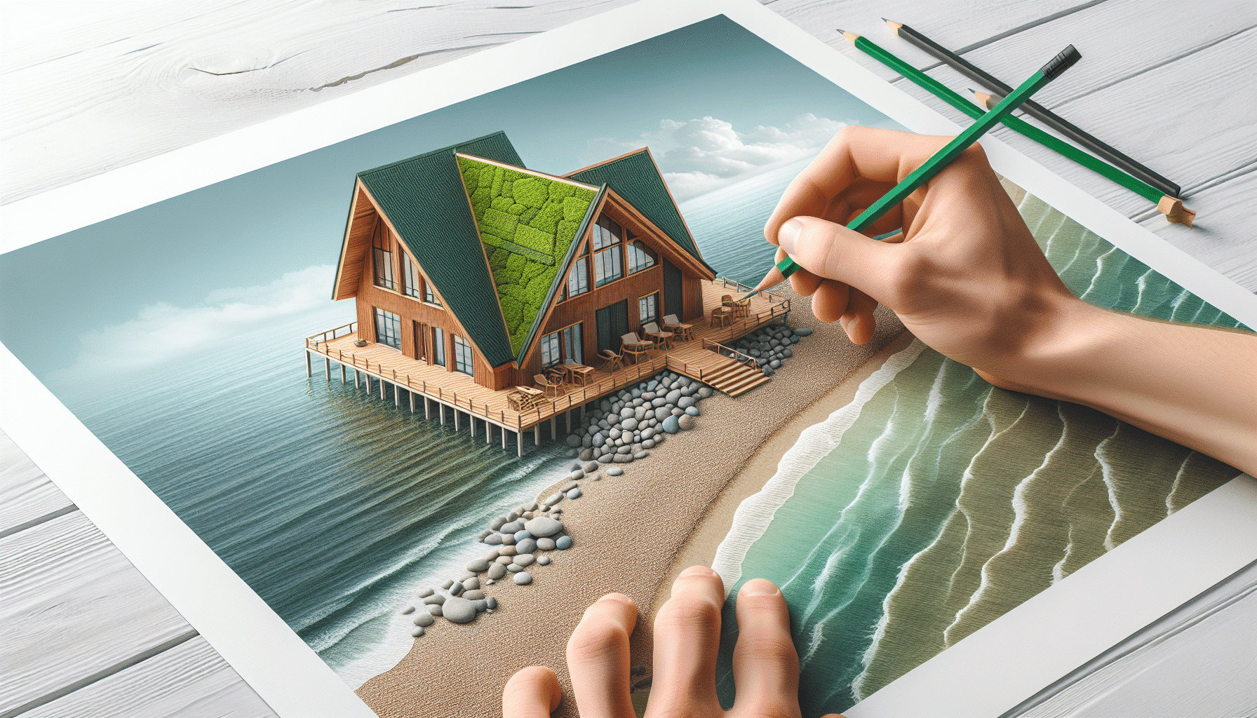 Innovadora Casa Costera con Techo Verde y Acabados Tradicionales