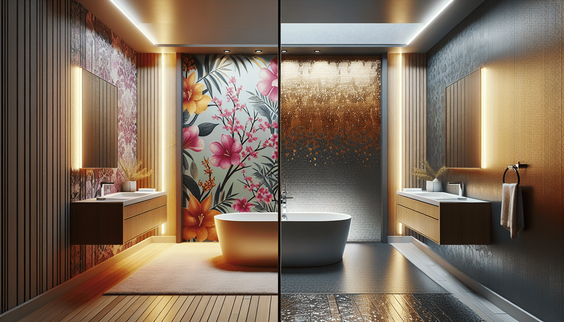 Transformación Rápida de un Baño: Impactante Combinación de Revestimientos y Papel Tapiz en sus Paredes