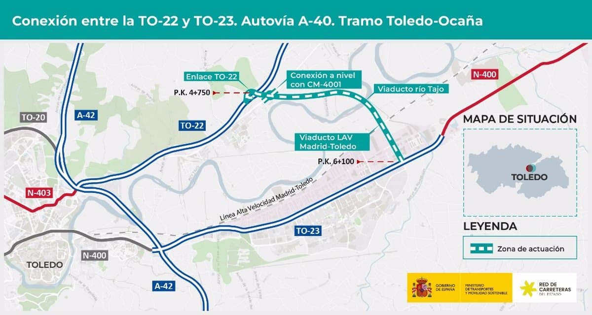 Adjudicada la elaboración del proyecto para el ramal de conexión entre la TO-22 y la TO-23 en el tramo Toledo-Ocaña de la A-40.