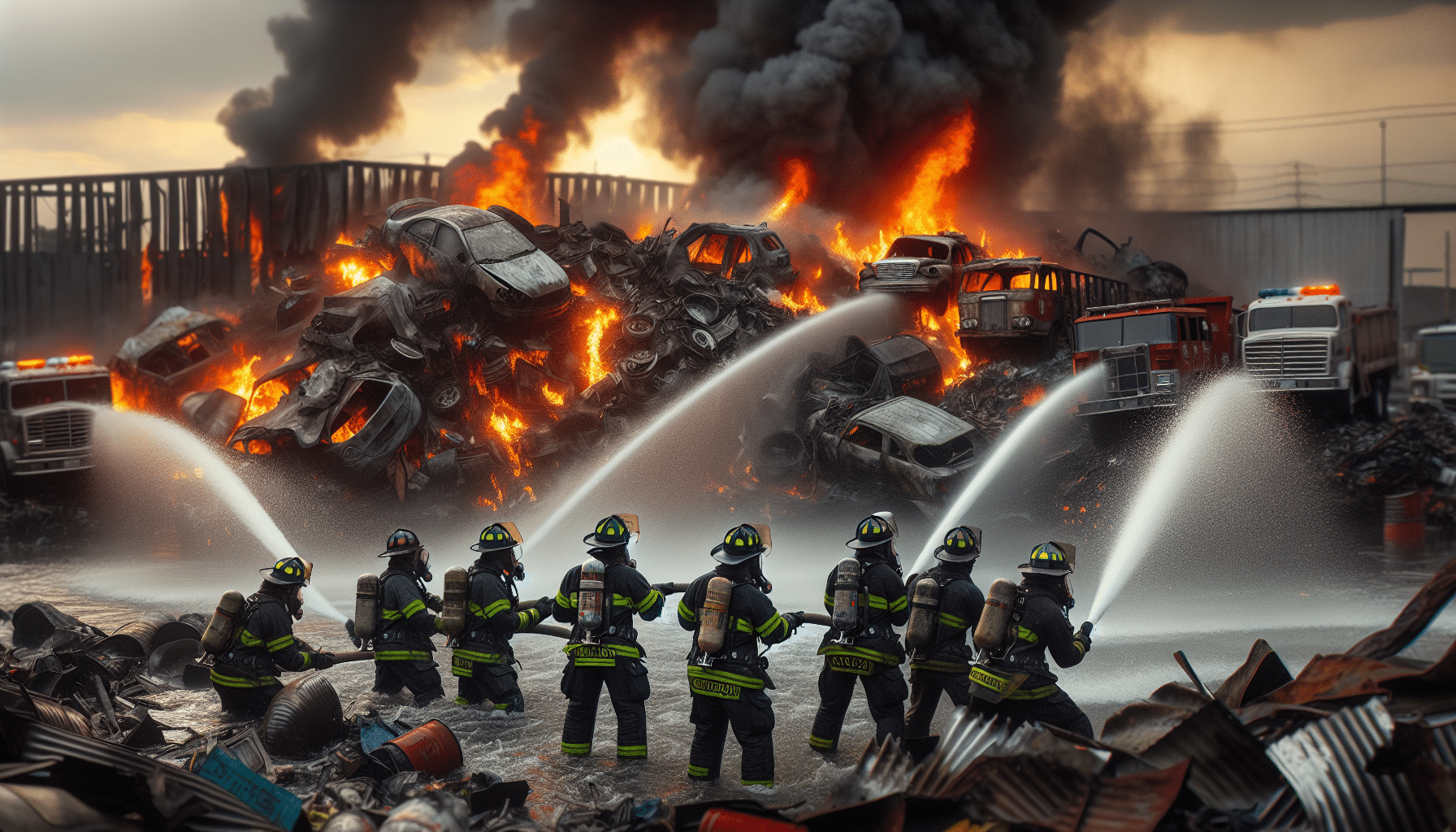 Bomberos combaten un incendio en una chatarrería de Pepino, Toledo, para contener la situación y prevenir daños mayores.