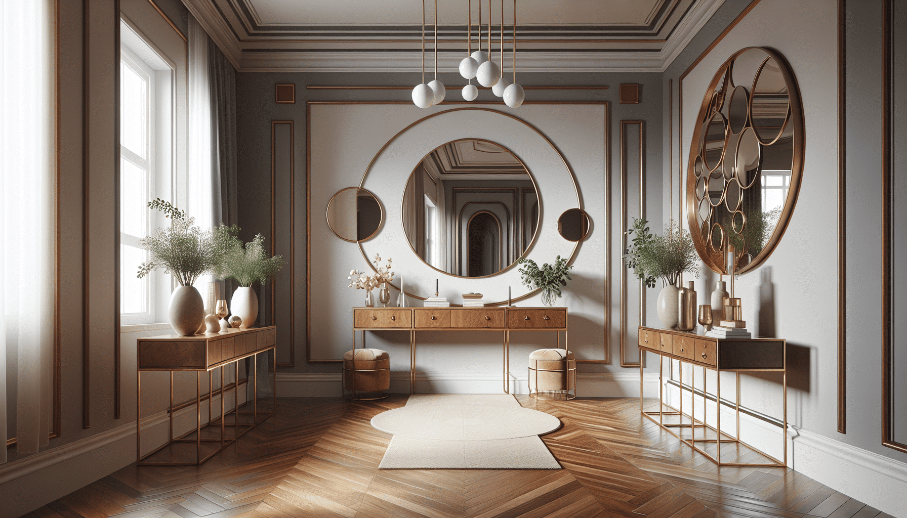 Transforma tu Entrada: Consolas Modernas y Espejos Redondos para un Impacto Renovador