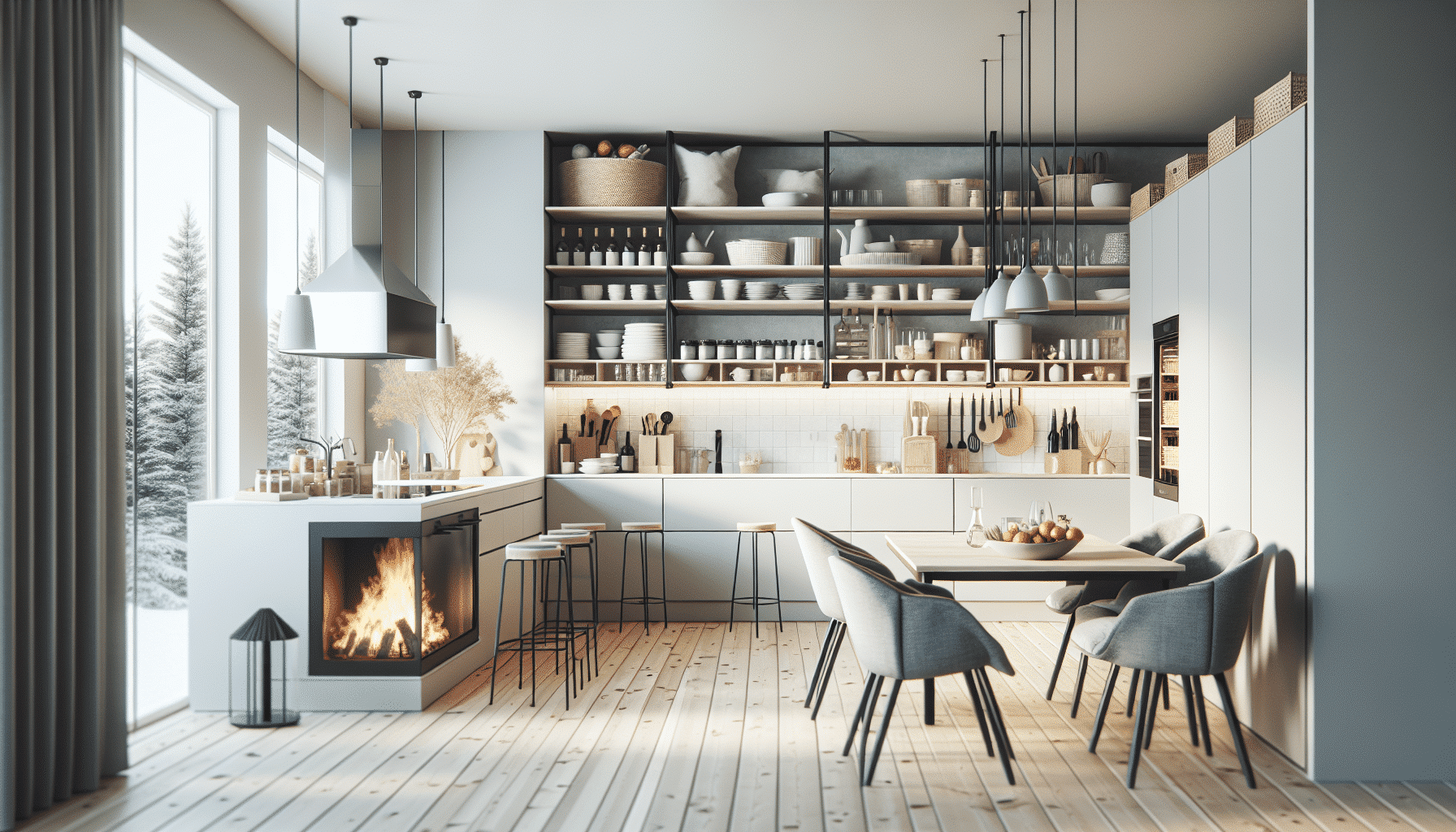 Elegancia Escandinava: Cocina Nórdica Moderna con Chimenea y Espaciosa Despensa