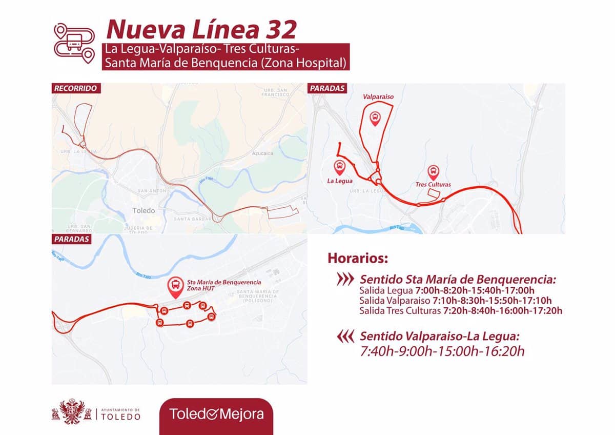Inicio de la línea 32 que conectará Legua-Valparaíso y Tres Culturas con Santa María de Benquerencia en Toledo a partir de este lunes.