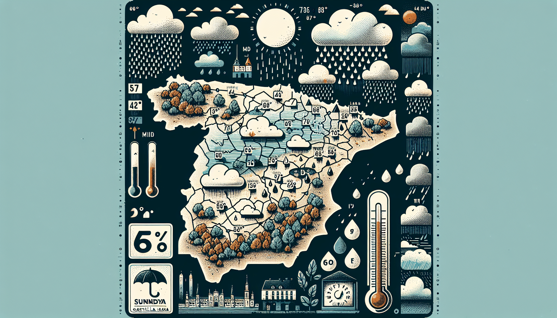 Pronóstico del tiempo para este domingo en Castilla-La Mancha: cielos nublados, lluvias y temperaturas mínimas en descenso.