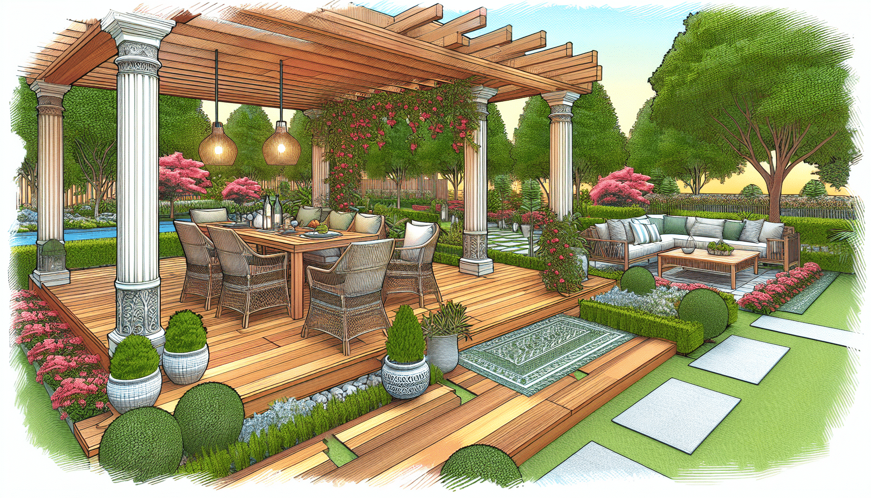 Elegancia al Aire Libre: Jardín de Diseño con Porche y Comedor Integrado