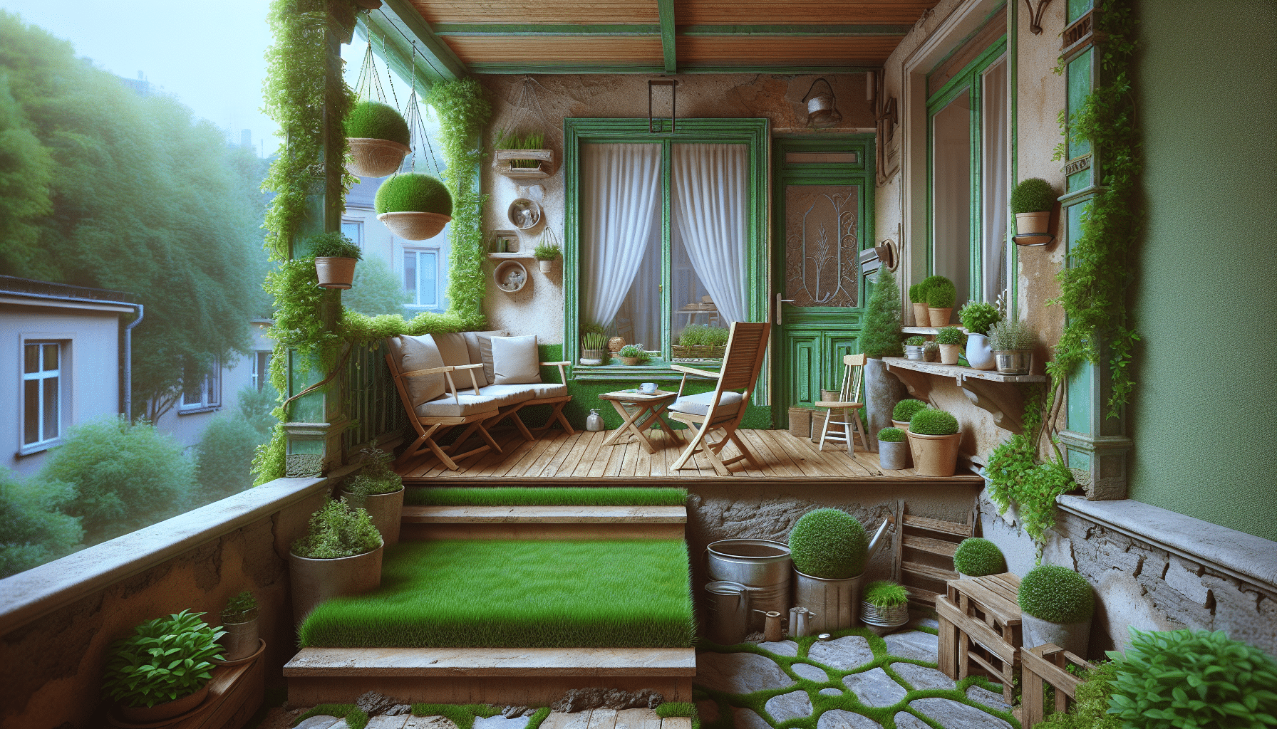 Transformación de un Balcón Antiguo: Césped Artificial y Mobiliario Minimalista para un Espacio Renovado