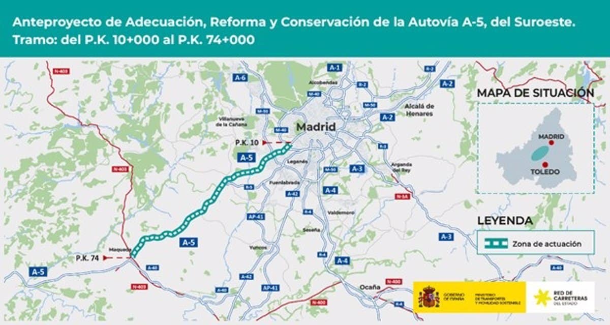 Transportes da luz verde al anteproyecto para la mejora de 64 kilómetros de la A-5 entre Madrid y Maqueda.