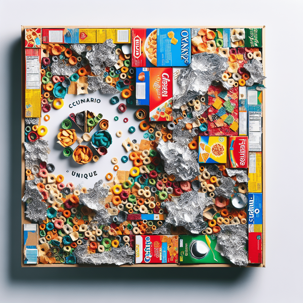 Transforma Tu Arte: Cuadro Único con Cajas de Cereal y Papel de Aluminio