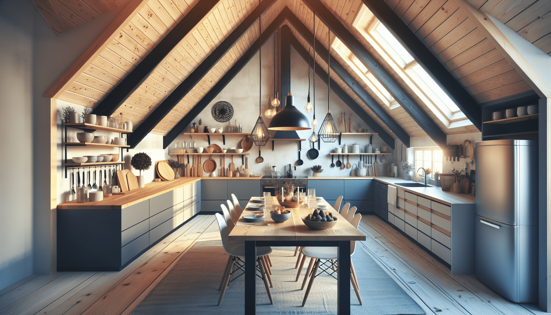 Cocina Nórdica Abierta con Vigas de Madera y Techo Inclinado