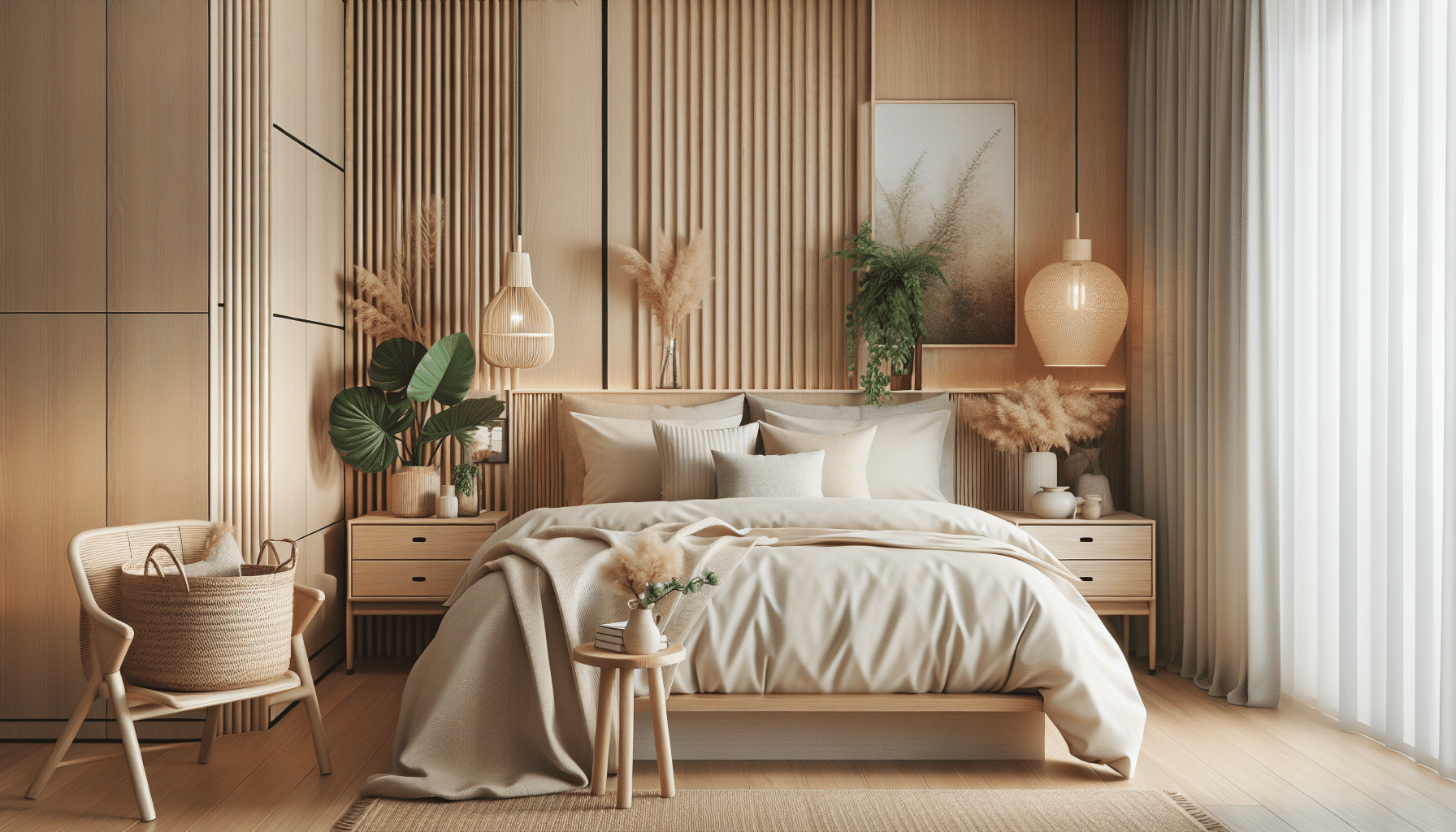 Ambiente Sereno: Bambú, Maderas Claras y Tonos Suaves en el Dormitorio Natural