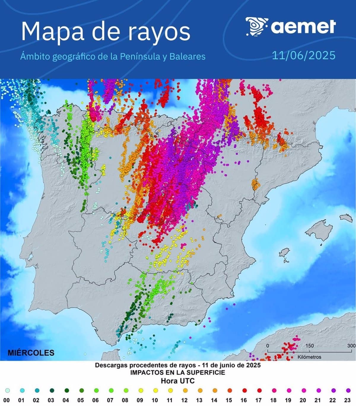 Cinco provincias de Castilla y León figuran entre las diez con mayor cantidad de rayos registrados el miércoles.