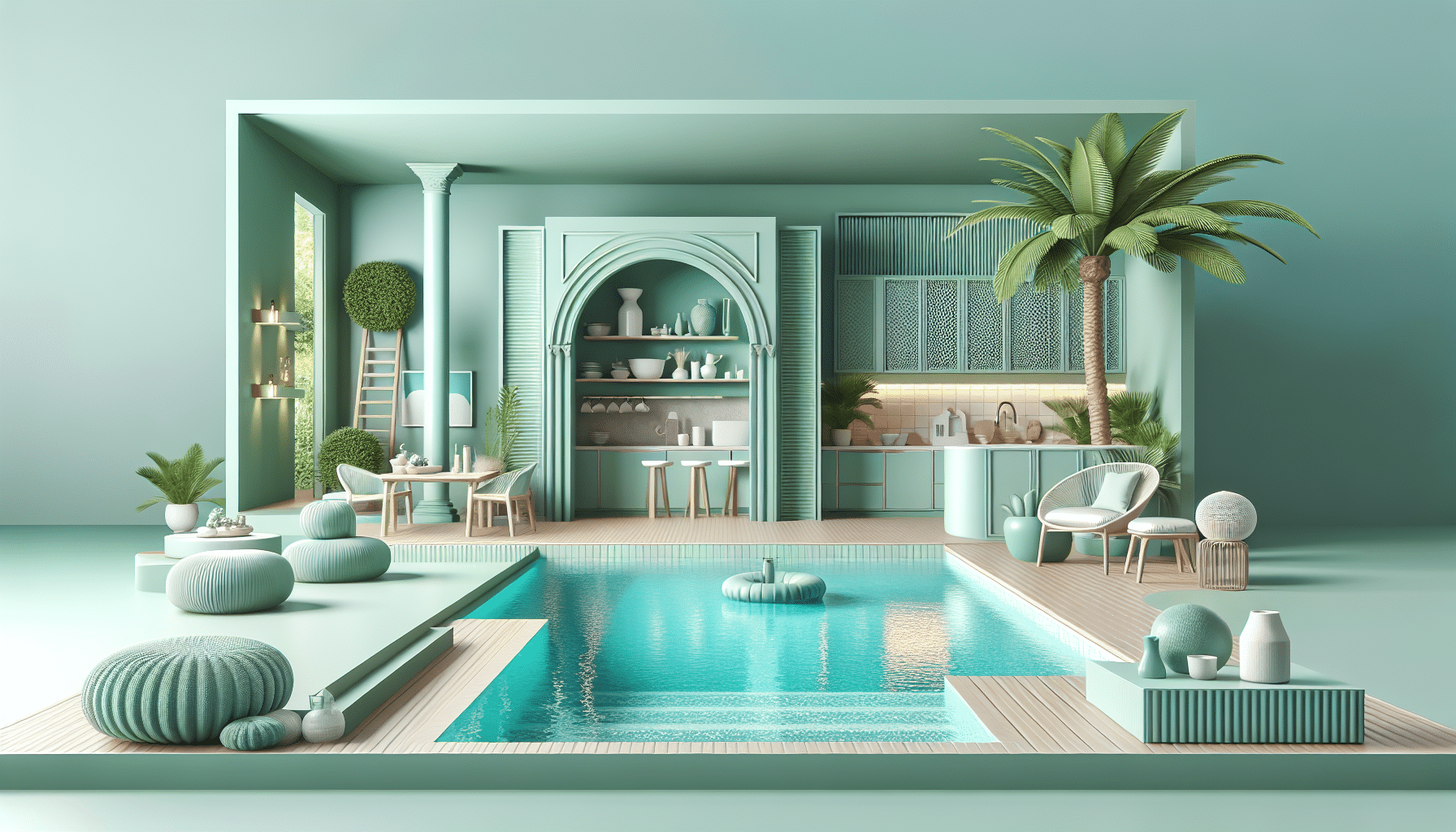 Refugio de Sofisticación: Piscina y Cocina en Verde Menta