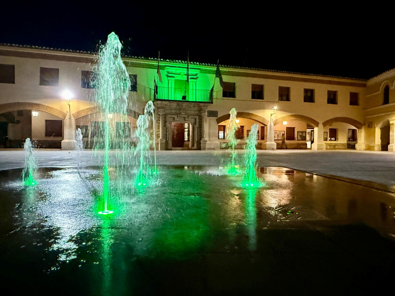 La fachada del Ayuntamiento de Villacañas se iluminó de color verde con motivo del Día Internacional del Síndrome de Phelan-McDermid