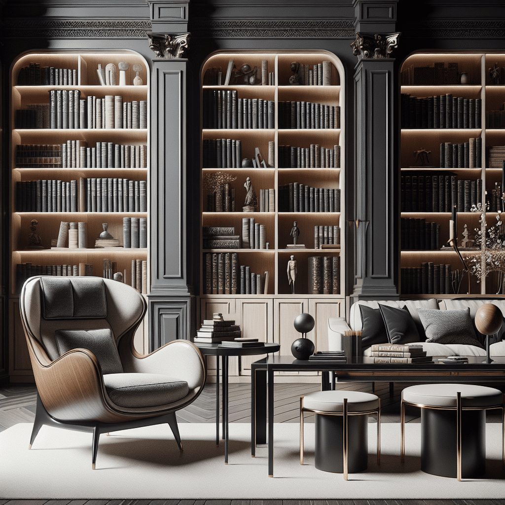 Elegancia y Comodidad: Estanterías de Lujo, Mesas Versátiles y Sillón Icónico