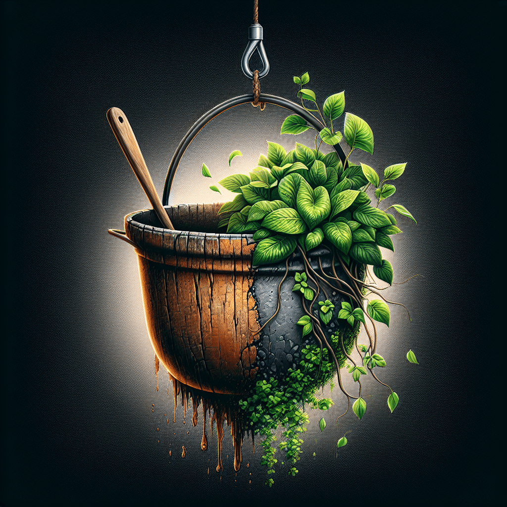 Cacerola Vintage Convertida en Jardín Colgante Elegante para Plantas